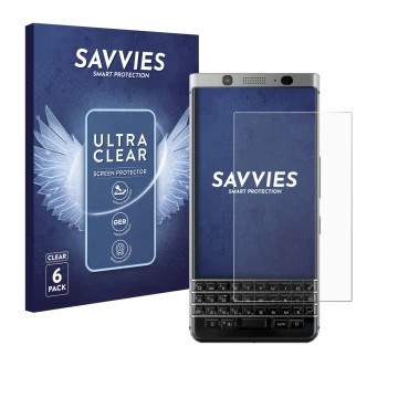 Vorderseite einer Produktverpackung mit dem Markenlogo Savvies. Daneben ist das Gerät BlackBerry Keyone mit dem zugehörigen Di