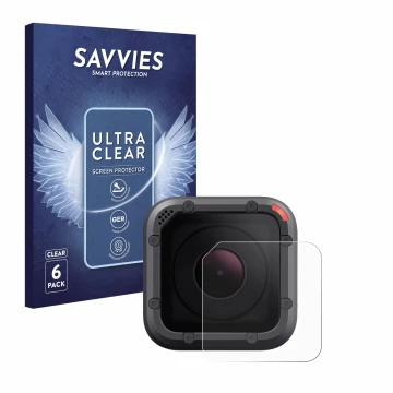 Vorderseite einer Produktverpackung mit dem Markenlogo Savvies. Daneben ist das Gerät GoPro Hero 5 Session Linse (Gehäuse) mit