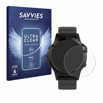 Vorderseite einer Produktverpackung mit dem Markenlogo Savvies. Daneben ist das Gerät Garmin Fenix 5 (47 mm) mit dem zugehörig