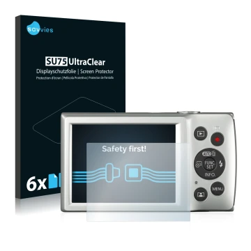 Vorderseite einer Produktverpackung mit dem Markenlogo Savvies. Daneben ist das Gerät Canon Digital Ixus 185 mit dem zugehörig