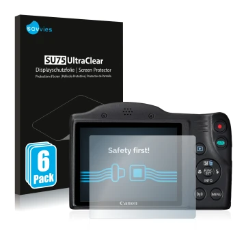 Vorderseite einer Produktverpackung mit dem Markenlogo Savvies. Daneben ist das Gerät Canon PowerShot SX430 IS mit dem zugehör