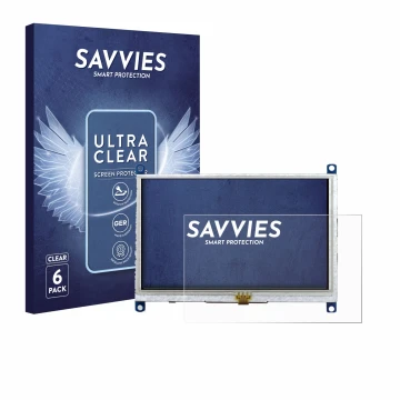 Vorderseite einer Produktverpackung mit dem Markenlogo Savvies. Daneben ist das Gerät Raspberry Pi Touchscreen 5