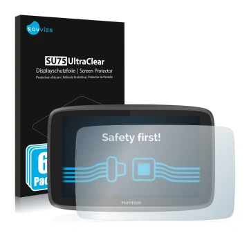 Vorderseite einer Produktverpackung mit dem Markenlogo Savvies. Daneben ist das Gerät TomTom Go 6200 mit dem zugehörigen Displ