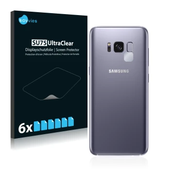 Vorderseite einer Produktverpackung mit dem Markenlogo Savvies. Daneben ist das Gerät Samsung Galaxy S8 (NUR Kameraschutz) mit