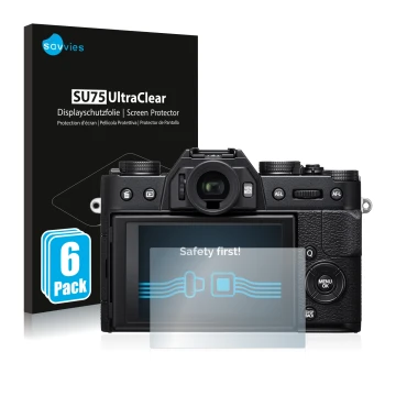 Vorderseite einer Produktverpackung mit dem Markenlogo Savvies. Daneben ist das Gerät Fujifilm X-T20 mit dem zugehörigen Displ