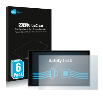 Vorderseite einer Produktverpackung mit dem Markenlogo Savvies. Daneben ist das Gerät Garmin DriveSmart 61 LMT-D mit dem zugeh