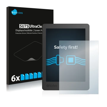 Vorderseite einer Produktverpackung mit dem Markenlogo Savvies. Daneben ist das Gerät Kobo Aura Edition 2 mit dem zugehörigen 