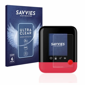 Vorderseite einer Produktverpackung mit dem Markenlogo Savvies. Daneben ist das Gerät Polaroid Pop mit dem zugehörigen Display