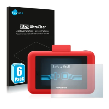 Vorderseite einer Produktverpackung mit dem Markenlogo Savvies. Daneben ist das Gerät Polaroid Snap Touch mit dem zugehörigen 