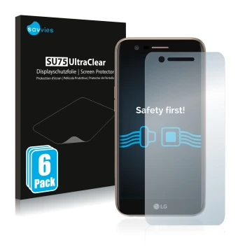 Vorderseite einer Produktverpackung mit dem Markenlogo Savvies. Daneben ist das Gerät LG K10 2017 mit dem zugehörigen Displays