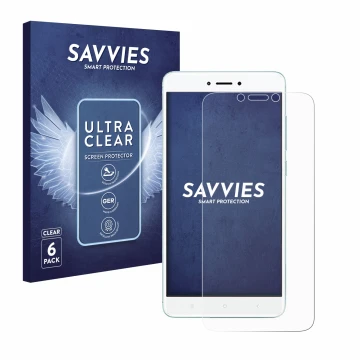 Vorderseite einer Produktverpackung mit dem Markenlogo Savvies. Daneben ist das Gerät Xiaomi Redmi 4X mit dem zugehörigen Disp