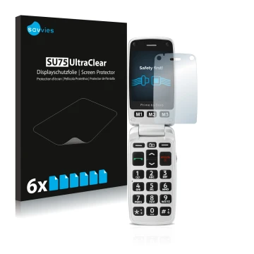 Vorderseite einer Produktverpackung mit dem Markenlogo Savvies. Daneben ist das Gerät Doro Primo 413 mit dem zugehörigen Displ