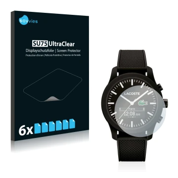 Vorderseite einer Produktverpackung mit dem Markenlogo Savvies. Daneben ist das Gerät Lacoste 12.12 Contact mit dem zugehörige