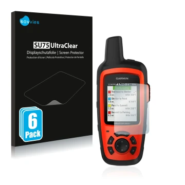 Vorderseite einer Produktverpackung mit dem Markenlogo Savvies. Daneben ist das Gerät Garmin inReach Explorer+ mit dem zugehör