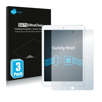 Vorderseite einer Produktverpackung mit dem Markenlogo Savvies. Daneben ist das Gerät Apple iPad 9.7 2017 (5. Gen.) mit dem zu