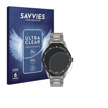 Vorderseite einer Produktverpackung mit dem Markenlogo Savvies. Daneben ist das Gerät TAG Heuer Connected Modular 45 mit dem z