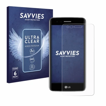 Vorderseite einer Produktverpackung mit dem Markenlogo Savvies. Daneben ist das Gerät LG K8 2017 mit dem zugehörigen Displaysc