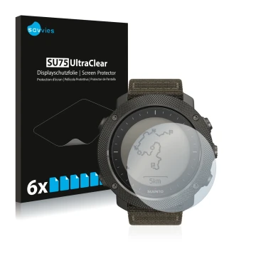 Vorderseite einer Produktverpackung mit dem Markenlogo Savvies. Daneben ist das Gerät Suunto Traverse Alpha mit dem zugehörige