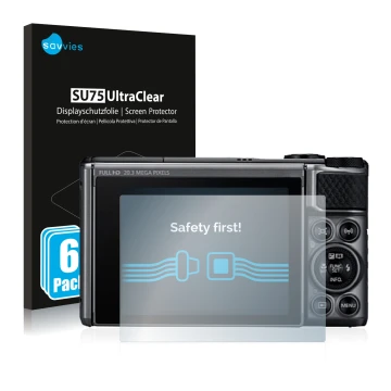 Vorderseite einer Produktverpackung mit dem Markenlogo Savvies. Daneben ist das Gerät Canon PowerShot SX730 HS mit dem zugehör