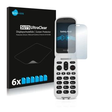 Vorderseite einer Produktverpackung mit dem Markenlogo Savvies. Daneben ist das Gerät Doro 6050 mit dem zugehörigen Displaysch