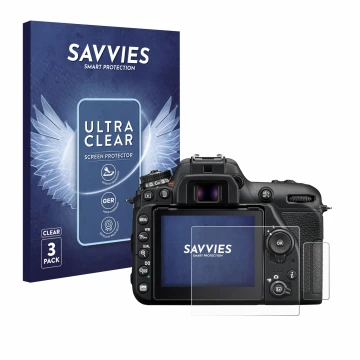 Vorderseite einer Produktverpackung mit dem Markenlogo Savvies. Daneben ist das Gerät Nikon D7500 mit dem zugehörigen Displays