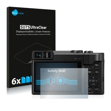 Vorderseite einer Produktverpackung mit dem Markenlogo Savvies. Daneben ist das Gerät Panasonic Lumix DC-TZ91 mit dem zugehöri