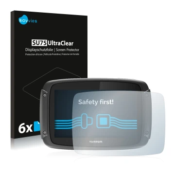 Vorderseite einer Produktverpackung mit dem Markenlogo Savvies. Daneben ist das Gerät TomTom Rider 450 mit dem zugehörigen Dis