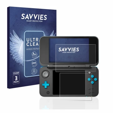 Vorderseite einer Produktverpackung mit dem Markenlogo Savvies. Daneben ist das Gerät Nintendo 2DS XL mit dem zugehörigen Disp