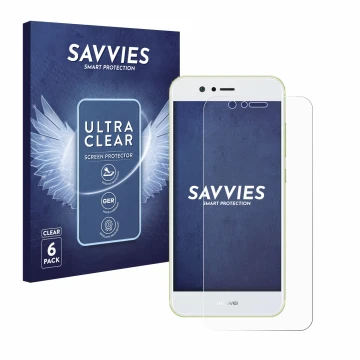 Vorderseite einer Produktverpackung mit dem Markenlogo Savvies. Daneben ist das Gerät Huawei Nova 2 mit dem zugehörigen Displa