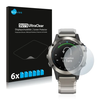 Vorderseite einer Produktverpackung mit dem Markenlogo Savvies. Daneben ist das Gerät Garmin quatix 5 mit dem zugehörigen Disp