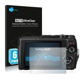 Vorderseite einer Produktverpackung mit dem Markenlogo Savvies. Daneben ist das Gerät Olympus Tough TG-5 mit dem zugehörigen D