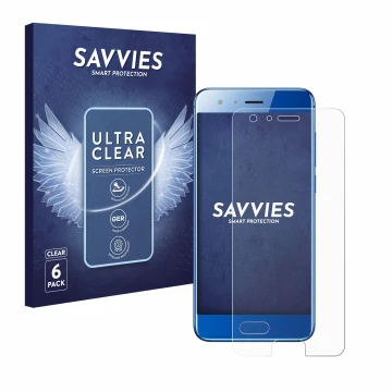 Vorderseite einer Produktverpackung mit dem Markenlogo Savvies. Daneben ist das Gerät Honor 9 mit dem zugehörigen Displayschut
