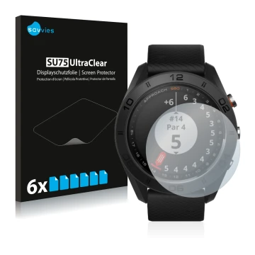 Vorderseite einer Produktverpackung mit dem Markenlogo Savvies. Daneben ist das Gerät Garmin Approach S60 mit dem zugehörigen 