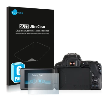 Vorderseite einer Produktverpackung mit dem Markenlogo Savvies. Daneben ist das Gerät Canon EOS 200D mit dem zugehörigen Displ