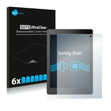 Vorderseite einer Produktverpackung mit dem Markenlogo Savvies. Daneben ist das Gerät Kobo Aura One mit dem zugehörigen Displa