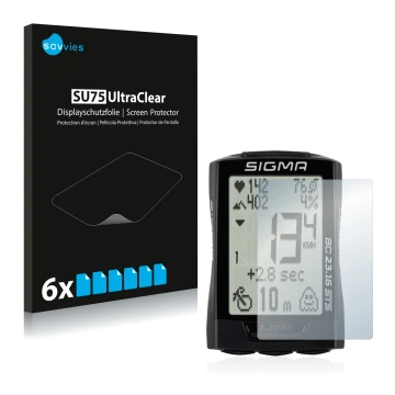 Vorderseite einer Produktverpackung mit dem Markenlogo Savvies. Daneben ist das Gerät Sigma BC 23.16 mit dem zugehörigen Displ