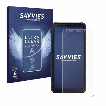 Vorderseite einer Produktverpackung mit dem Markenlogo Savvies. Daneben ist das Gerät Samsung Galaxy S8 Active mit dem zugehör