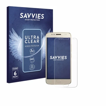 Vorderseite einer Produktverpackung mit dem Markenlogo Savvies. Daneben ist das Gerät Motorola Moto G5S mit dem zugehörigen Di