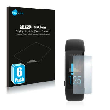 Vorderseite einer Produktverpackung mit dem Markenlogo Savvies. Daneben ist das Gerät Polar A370 mit dem zugehörigen Displaysc