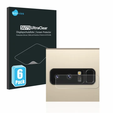 Vorderseite einer Produktverpackung mit dem Markenlogo Savvies. Daneben ist das Gerät Samsung Galaxy Note 8 (NUR Kameraschutz)