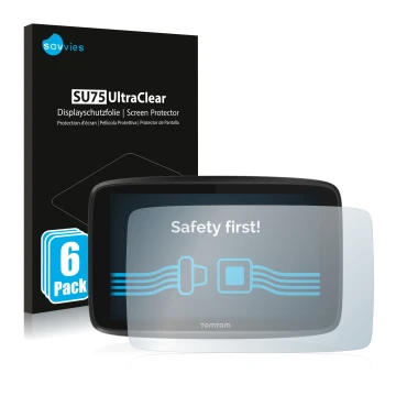 Vorderseite einer Produktverpackung mit dem Markenlogo Savvies. Daneben ist das Gerät TomTom GO 6250 mit dem zugehörigen Displ