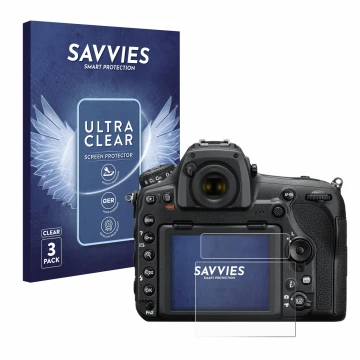 Vorderseite einer Produktverpackung mit dem Markenlogo Savvies. Daneben ist das Gerät Nikon D850 mit dem zugehörigen Displaysc