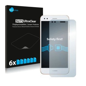 Vorderseite einer Produktverpackung mit dem Markenlogo Savvies. Daneben ist das Gerät Huawei P9 Lite Mini mit dem zugehörigen 