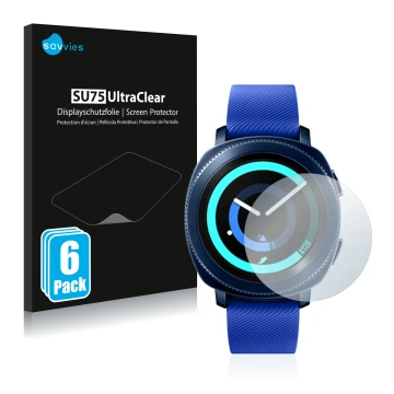 Vorderseite einer Produktverpackung mit dem Markenlogo Savvies. Daneben ist das Gerät Samsung Gear Sport mit dem zugehörigen D