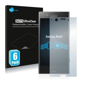 Vorderseite einer Produktverpackung mit dem Markenlogo Savvies. Daneben ist das Gerät Sony Xperia XZ1 Compact mit dem zugehöri