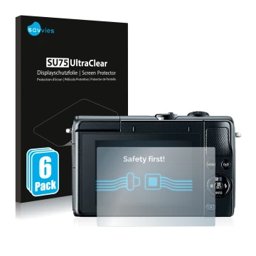 Vorderseite einer Produktverpackung mit dem Markenlogo Savvies. Daneben ist das Gerät Canon EOS M100 mit dem zugehörigen Displ