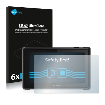 Vorderseite einer Produktverpackung mit dem Markenlogo Savvies. Daneben ist das Gerät TomTom Pro 8275 Truck mit dem zugehörige