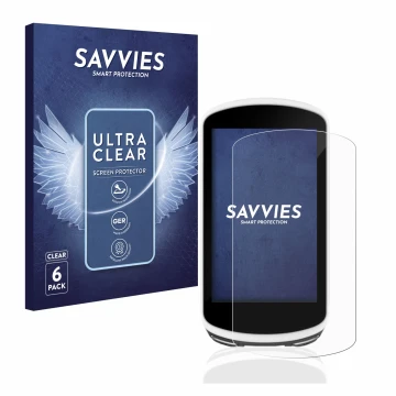 Vorderseite einer Produktverpackung mit dem Markenlogo Savvies. Daneben ist das Gerät Garmin Edge 1030 mit dem zugehörigen Dis