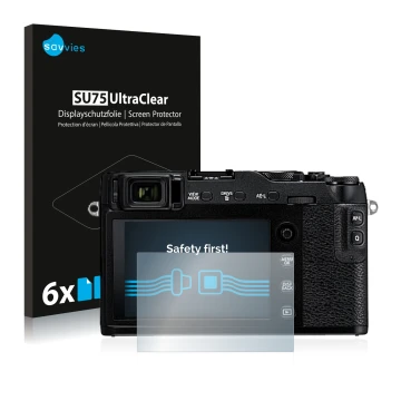 Vorderseite einer Produktverpackung mit dem Markenlogo Savvies. Daneben ist das Gerät Fujifilm X-E3 mit dem zugehörigen Displa