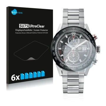 Vorderseite einer Produktverpackung mit dem Markenlogo Savvies. Daneben ist das Gerät TAG Heuer Carrera (45 mm) mit dem zugehö
